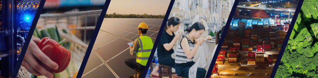 Collage of tech, agriculture, solar energy, textiles, shipping, and forest - cropped image